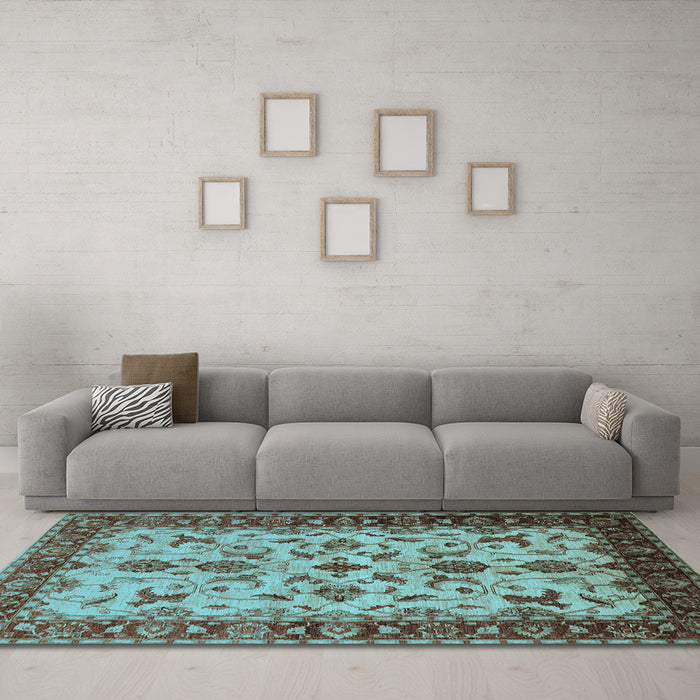Machine Washable Oriental Light Blue Industrial Rug in a Living Room, wshurb3004lblu
