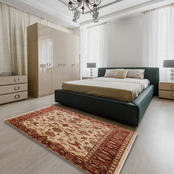 Mid-Century Modern Sandy Brown Oriental Rug in a Bedroom, urb3004