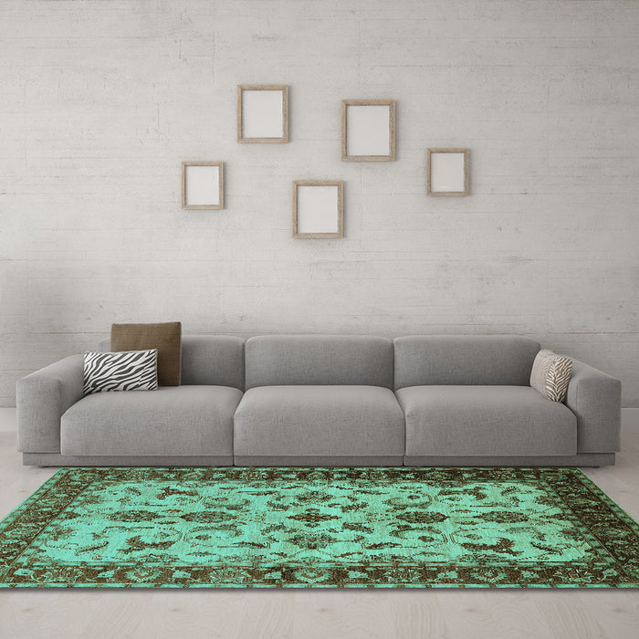 Machine Washable Oriental Turquoise Industrial Area Rugs in a Living Room,, wshurb3004turq