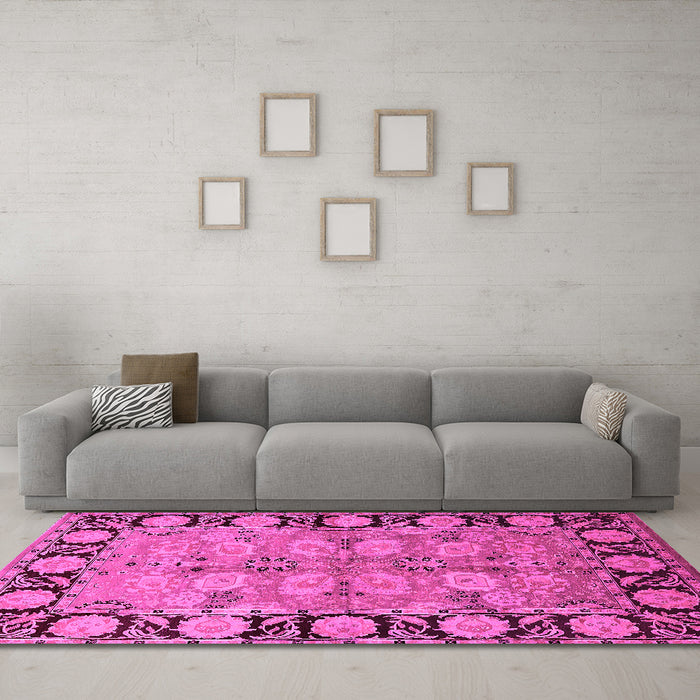 Machine Washable Oriental Pink Industrial Rug in a Living Room, wshurb3005pnk