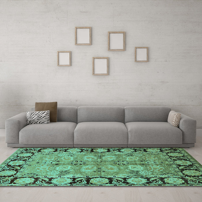 Machine Washable Oriental Turquoise Industrial Area Rugs in a Living Room,, wshurb3005turq