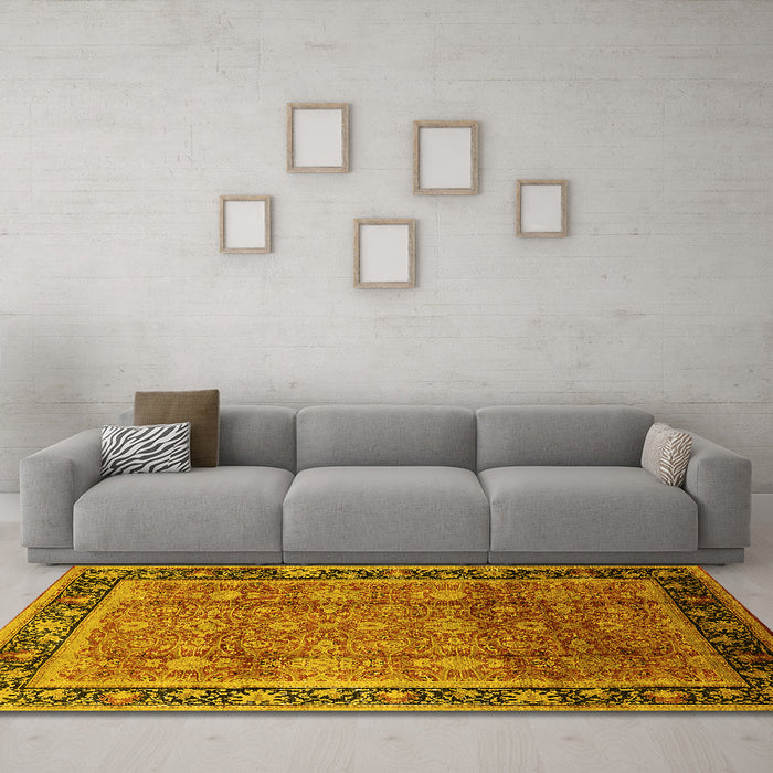 Machine Washable Oriental Yellow Industrial Rug in a Living Room, wshurb3008yw