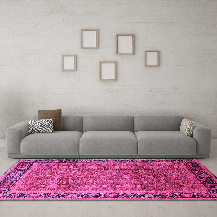 Machine Washable Oriental Pink Industrial Rug in a Living Room, wshurb3008pnk