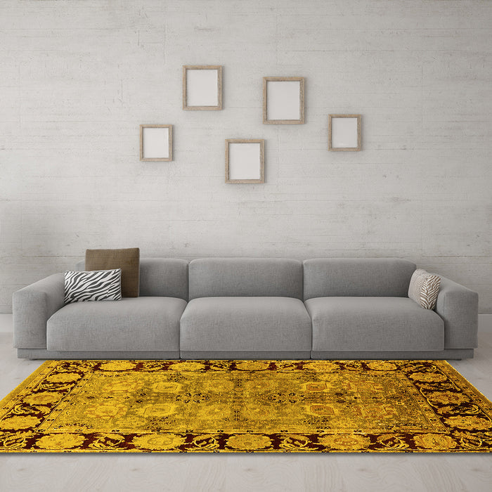 Machine Washable Oriental Yellow Industrial Rug in a Living Room, wshurb3009yw