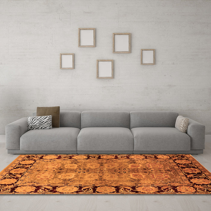 Machine Washable Oriental Orange Industrial Area Rugs in a Living Room, wshurb3009org