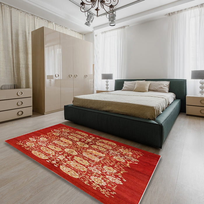 Mid-Century Modern Red Oriental Rug in a Bedroom, urb3010