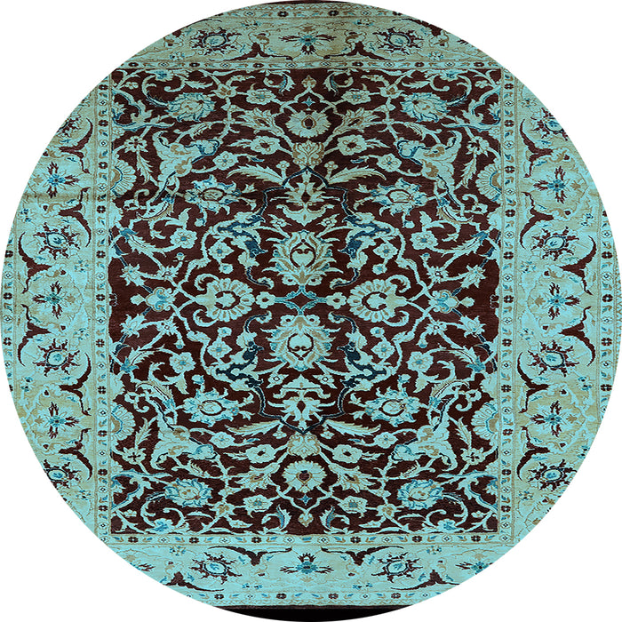 Round Machine Washable Oriental Light Blue Industrial Rug, wshurb3011lblu