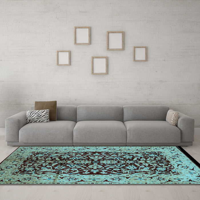 Machine Washable Oriental Light Blue Industrial Rug in a Living Room, wshurb3011lblu