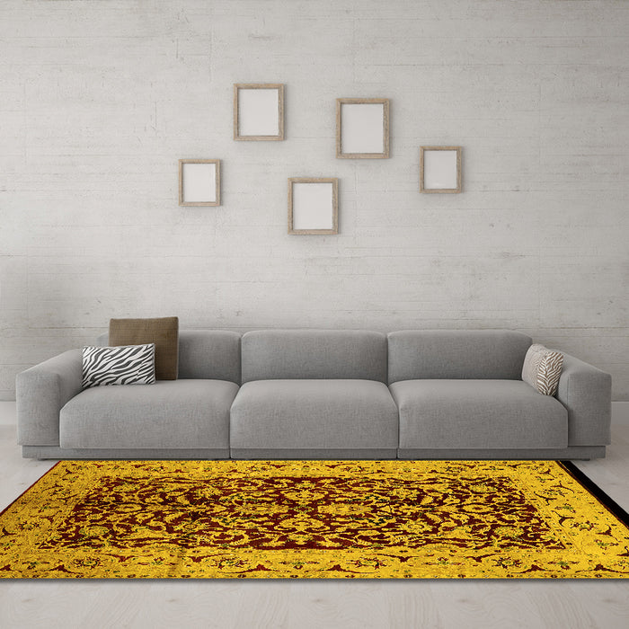 Machine Washable Oriental Yellow Industrial Rug in a Living Room, wshurb3011yw