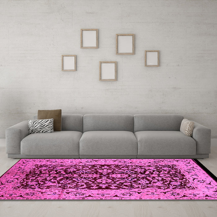 Machine Washable Oriental Pink Industrial Rug in a Living Room, wshurb3011pnk