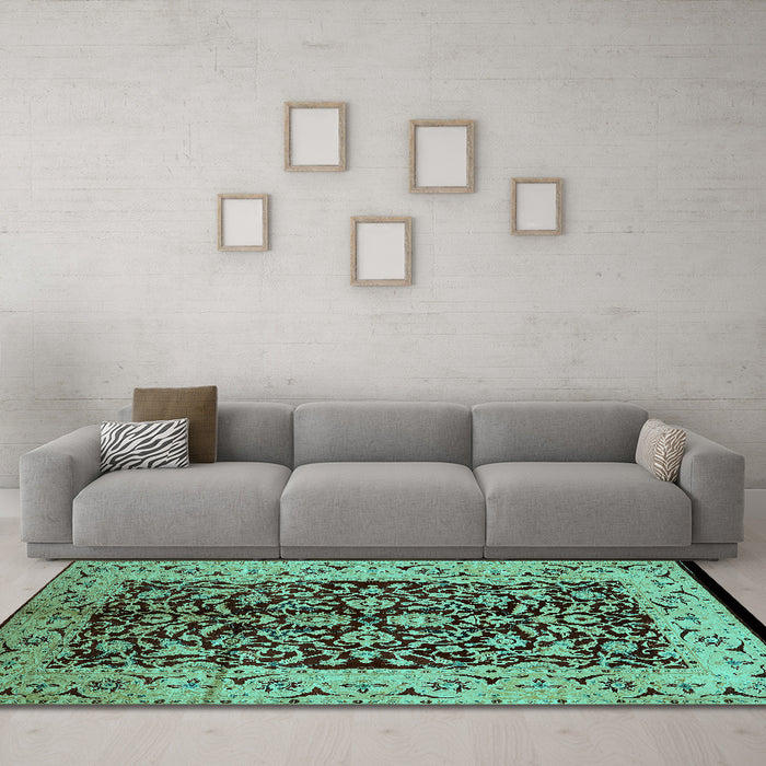 Machine Washable Oriental Turquoise Industrial Area Rugs in a Living Room,, wshurb3011turq