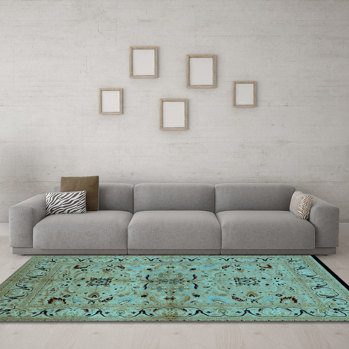 Machine Washable Oriental Light Blue Industrial Rug in a Living Room, wshurb3012lblu