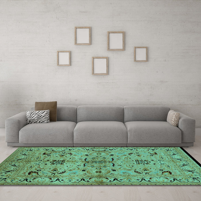 Machine Washable Oriental Turquoise Industrial Area Rugs in a Living Room,, wshurb3012turq