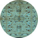 Round Machine Washable Oriental Light Blue Industrial Rug, wshurb3012lblu