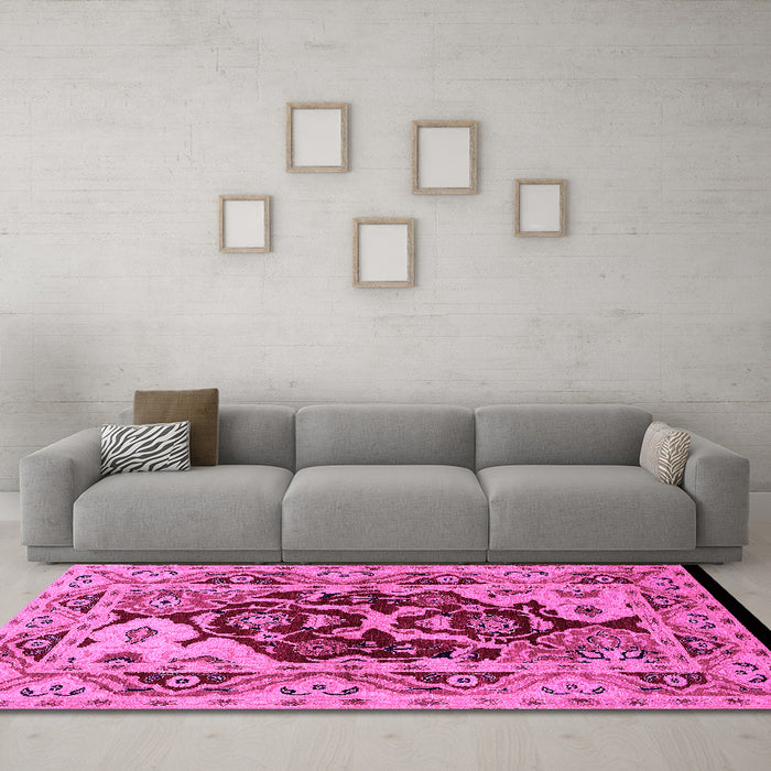 Machine Washable Oriental Pink Industrial Rug in a Living Room, wshurb3015pnk