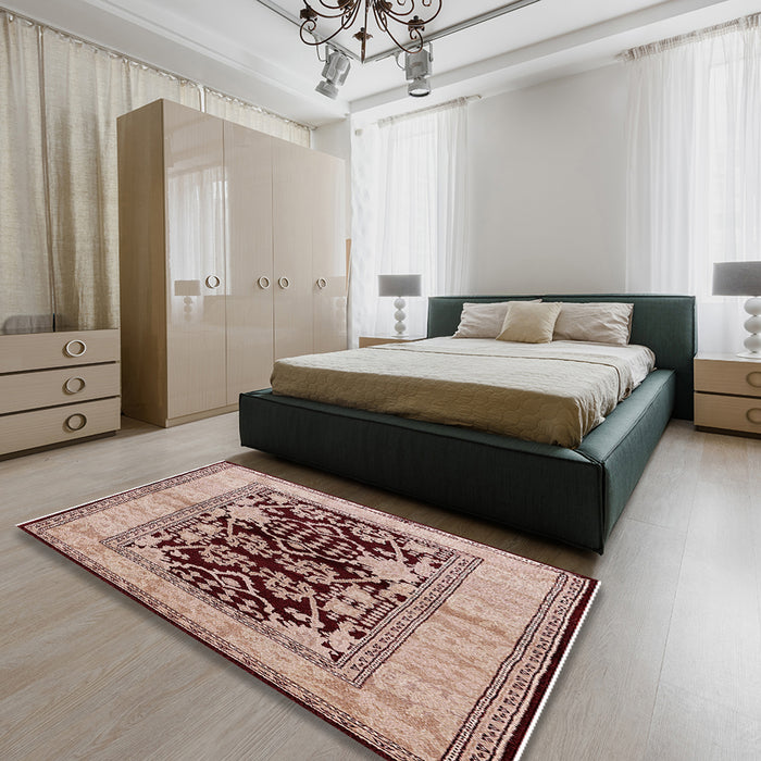 Mid-Century Modern Pastel Orange Oriental Rug in a Bedroom, urb3016