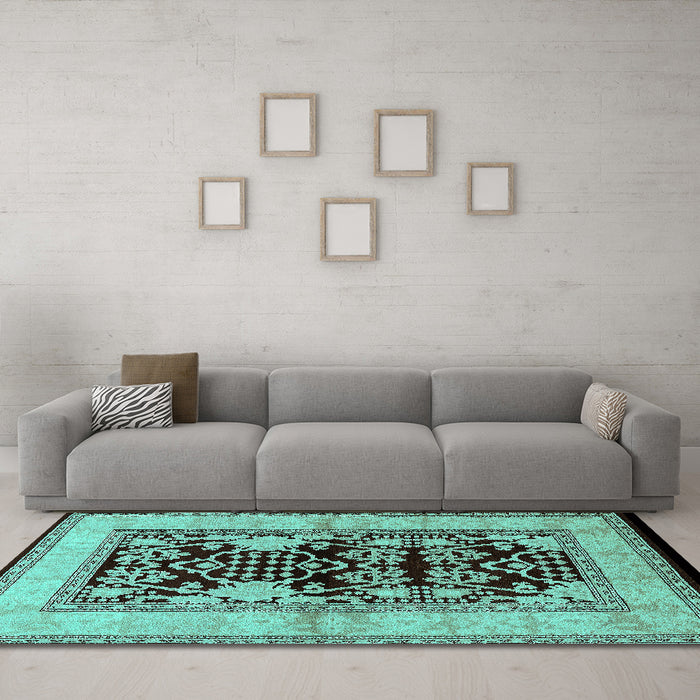 Machine Washable Oriental Turquoise Industrial Area Rugs in a Living Room,, wshurb3016turq