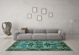 Machine Washable Oriental Turquoise Industrial Area Rugs in a Living Room,, wshurb3017turq