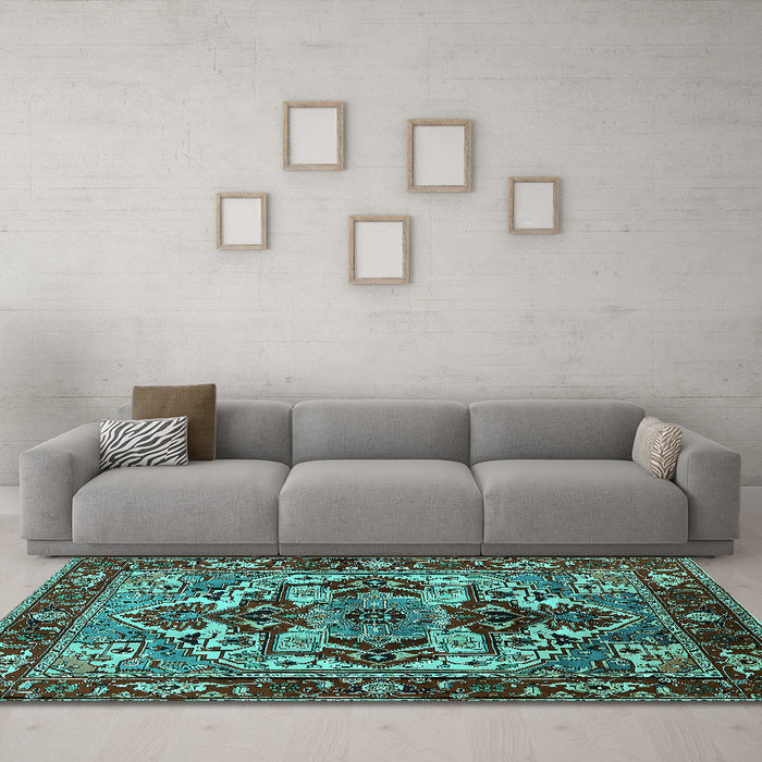 Machine Washable Oriental Turquoise Industrial Area Rugs in a Living Room,, wshurb3017turq