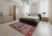 Mid-Century Modern Khaki Rose Pink Oriental Rug in a Bedroom, urb3017