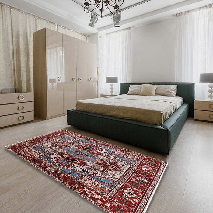 Mid-Century Modern Khaki Rose Pink Oriental Rug in a Bedroom, urb3017