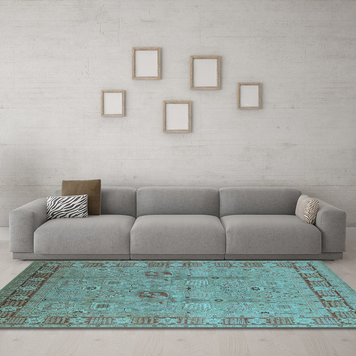 Machine Washable Oriental Light Blue Industrial Rug in a Living Room, wshurb3021lblu