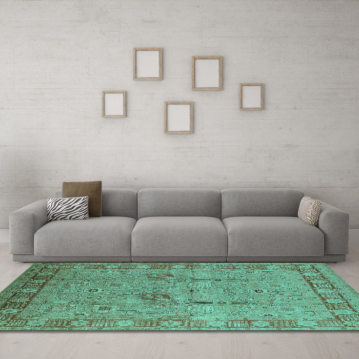 Machine Washable Oriental Turquoise Industrial Area Rugs in a Living Room,, wshurb3021turq