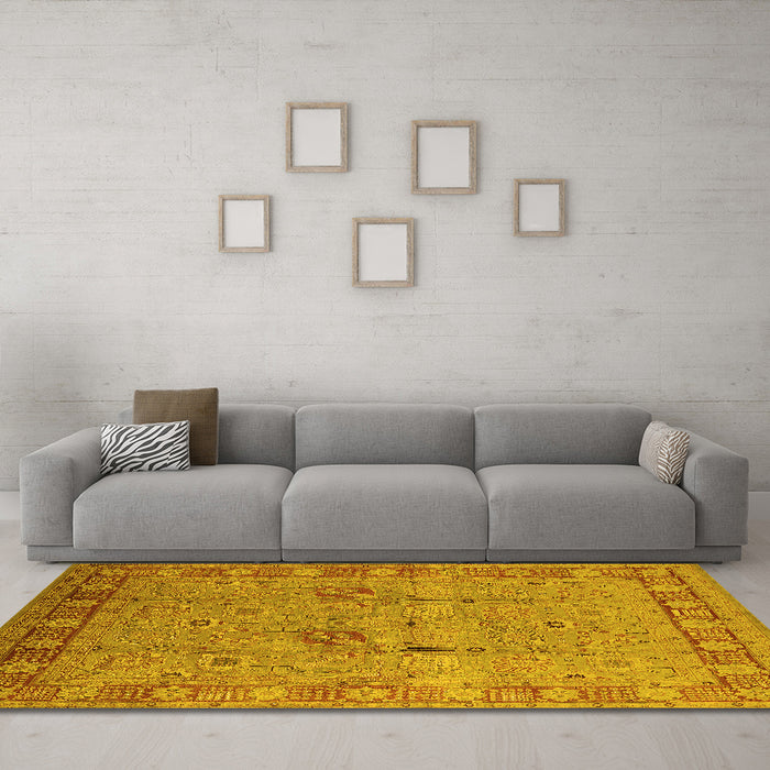 Machine Washable Oriental Yellow Industrial Rug in a Living Room, wshurb3021yw