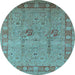 Round Machine Washable Oriental Light Blue Industrial Rug, wshurb3021lblu