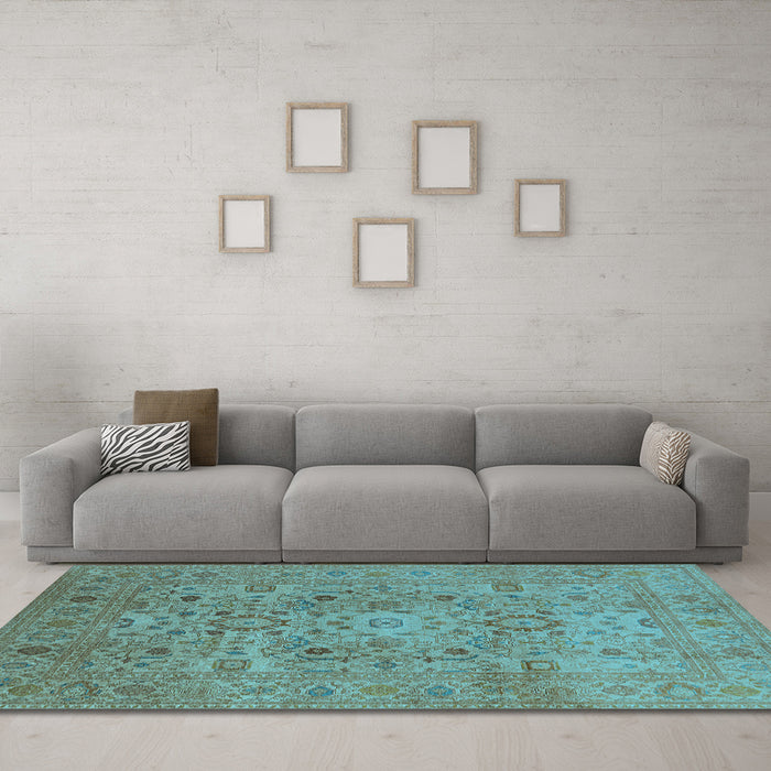 Machine Washable Oriental Light Blue Industrial Rug in a Living Room, wshurb3022lblu