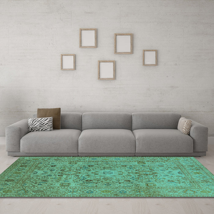 Machine Washable Oriental Turquoise Industrial Area Rugs in a Living Room,, wshurb3022turq