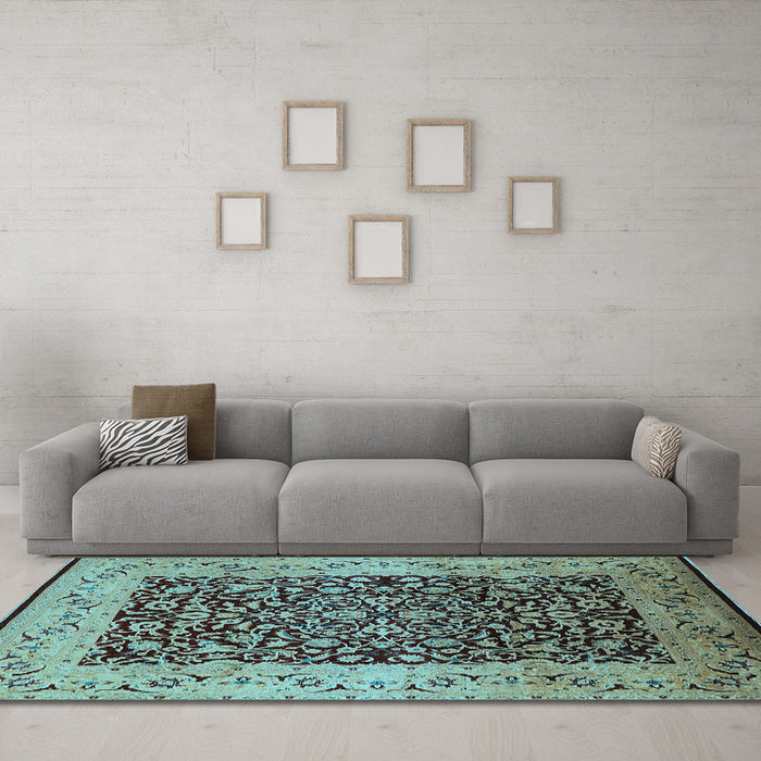 Machine Washable Oriental Light Blue Industrial Rug in a Living Room, wshurb3023lblu