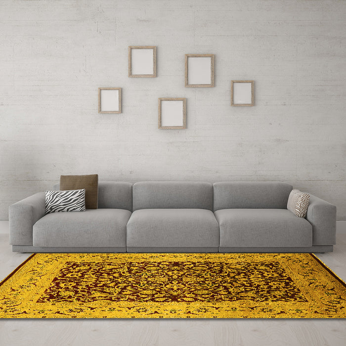Machine Washable Oriental Yellow Industrial Rug in a Living Room, wshurb3023yw