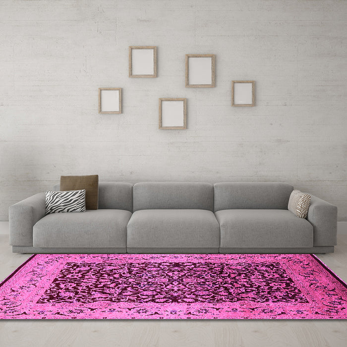 Machine Washable Oriental Pink Industrial Rug in a Living Room, wshurb3023pnk