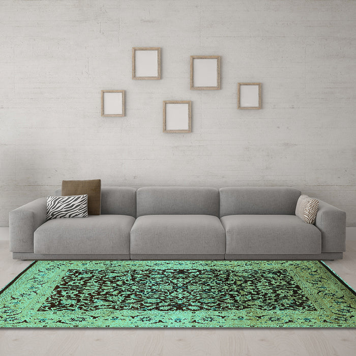 Machine Washable Oriental Turquoise Industrial Area Rugs in a Living Room,, wshurb3023turq