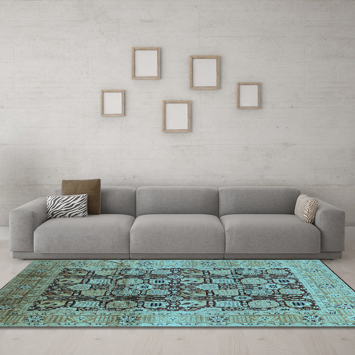 Machine Washable Oriental Light Blue Industrial Rug in a Living Room, wshurb3024lblu