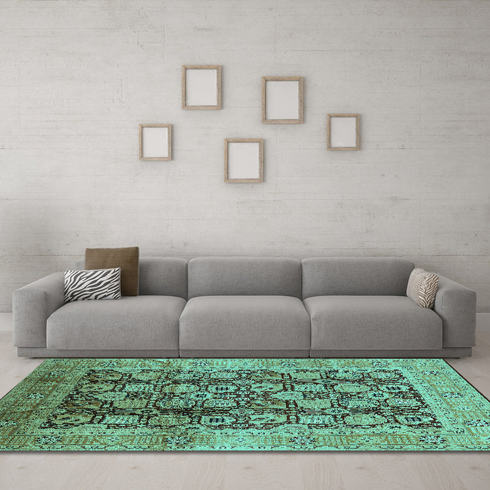 Machine Washable Oriental Turquoise Industrial Area Rugs in a Living Room,, wshurb3024turq
