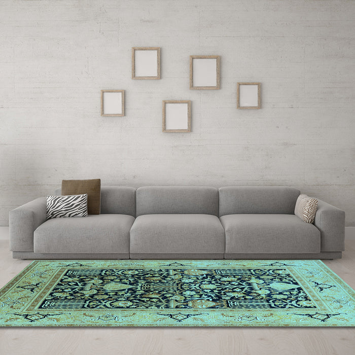 Machine Washable Oriental Light Blue Industrial Rug in a Living Room, wshurb3027lblu