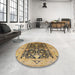 Round Mid-Century Modern Yellow Orange Oriental Rug in a Office, urb3027