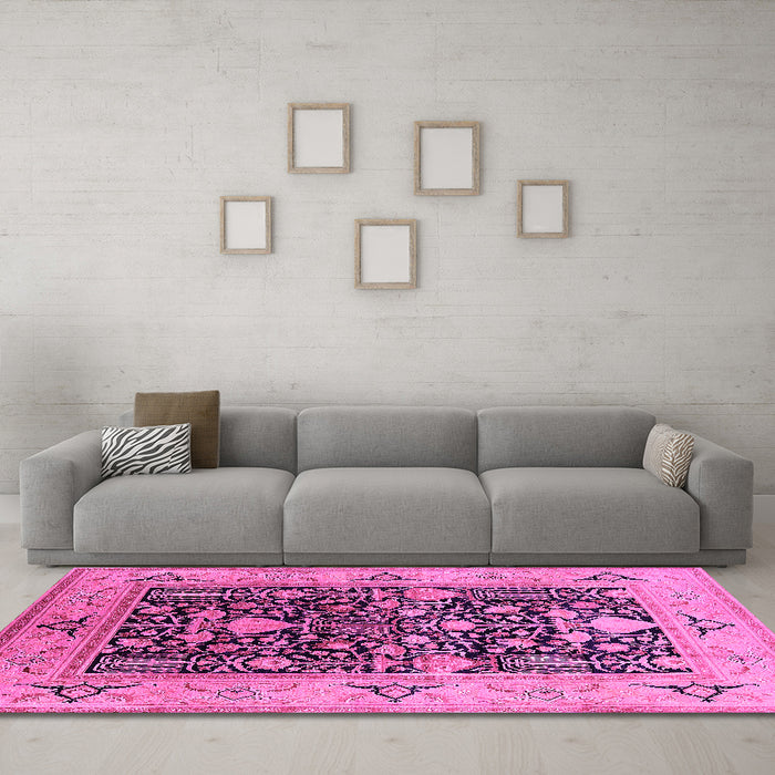 Machine Washable Oriental Pink Industrial Rug in a Living Room, wshurb3027pnk