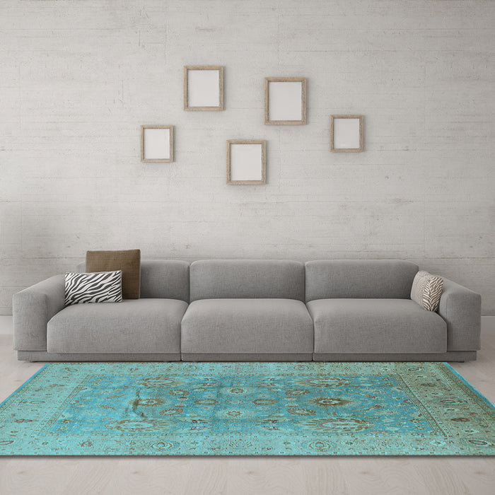 Machine Washable Oriental Light Blue Industrial Rug in a Living Room, wshurb3029lblu