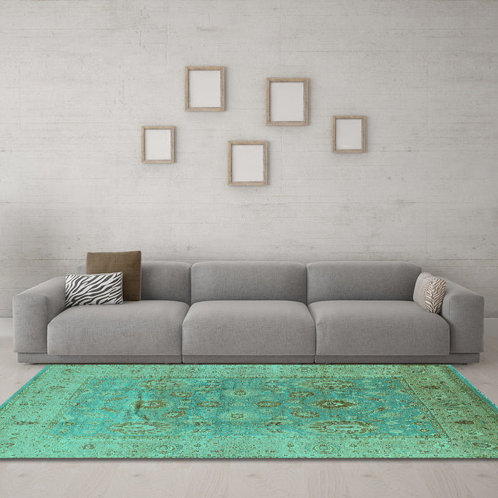 Machine Washable Oriental Turquoise Industrial Area Rugs in a Living Room,, wshurb3029turq