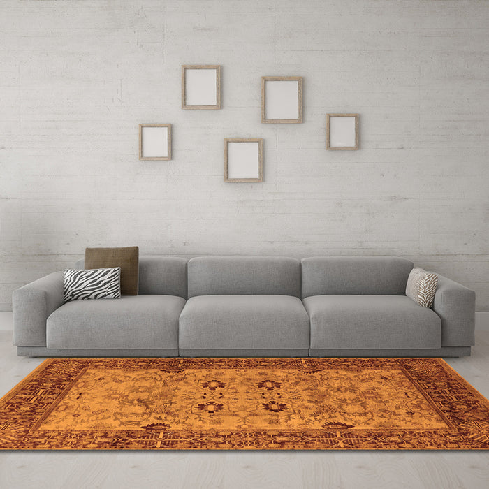 Machine Washable Oriental Orange Industrial Area Rugs in a Living Room, wshurb3030org