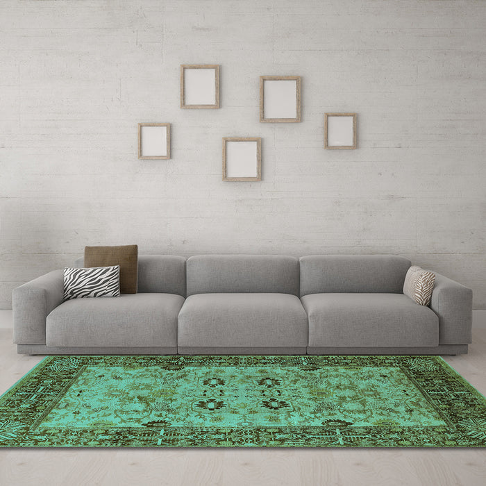 Machine Washable Oriental Turquoise Industrial Area Rugs in a Living Room,, wshurb3030turq