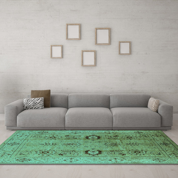 Machine Washable Oriental Turquoise Industrial Area Rugs in a Living Room,, wshurb3031turq