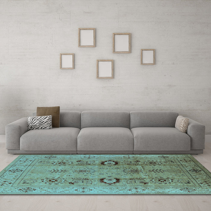 Machine Washable Oriental Light Blue Industrial Rug in a Living Room, wshurb3031lblu