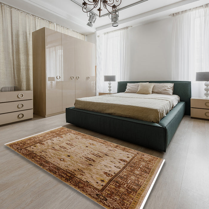 Mid-Century Modern Mahogany Brown Oriental Rug in a Bedroom, urb3033