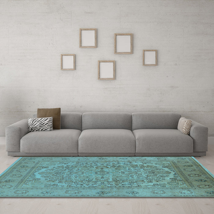 Machine Washable Oriental Light Blue Industrial Rug in a Living Room, wshurb3034lblu