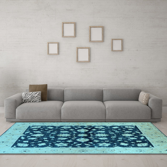 Machine Washable Oriental Light Blue Industrial Rug in a Living Room, wshurb3036lblu