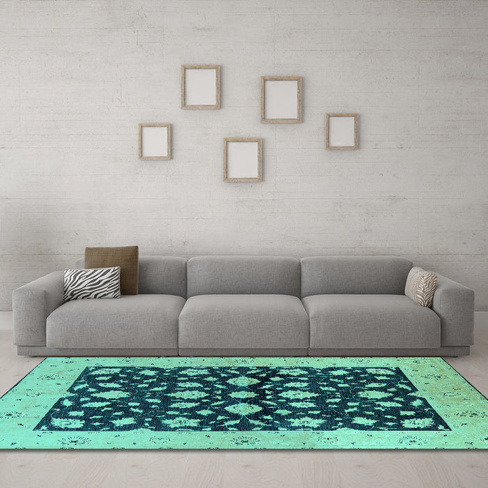 Machine Washable Oriental Turquoise Industrial Area Rugs in a Living Room,, wshurb3036turq